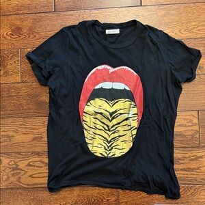 Lauren Moshi Black Graphic Tee with Red Lips and Yellow Tiger Print